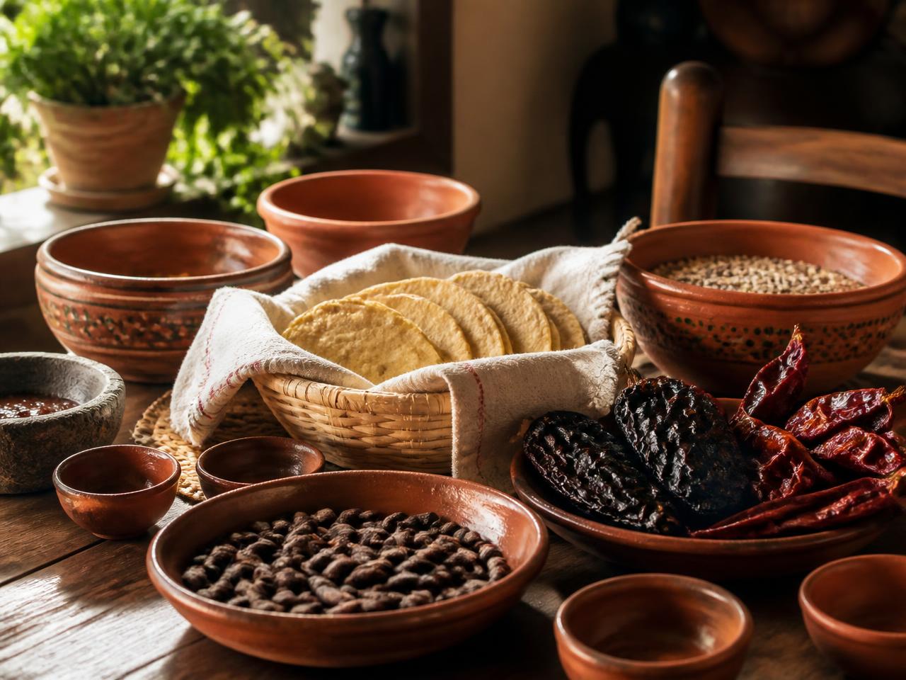 Detalle de cocina tradicional mexicana servida en barro